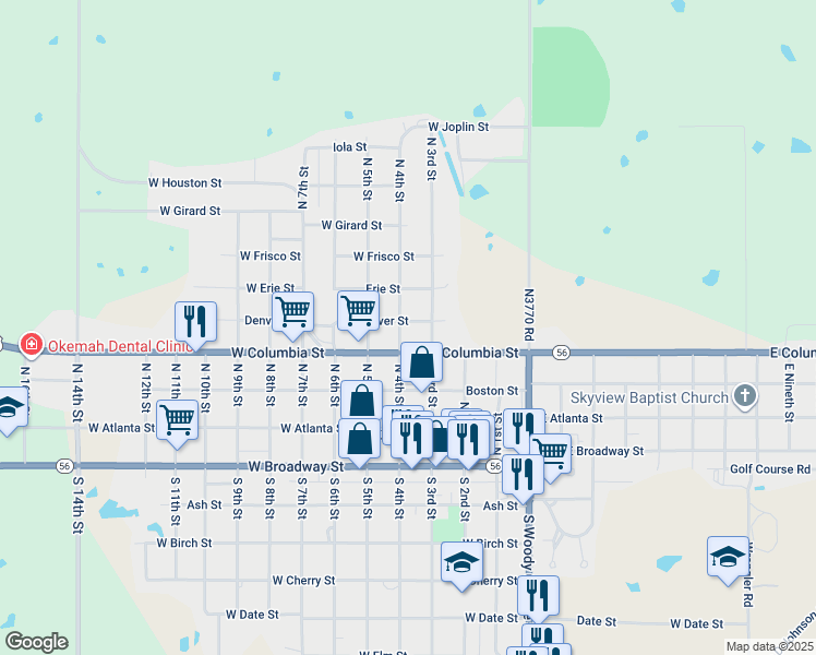 map of restaurants, bars, coffee shops, grocery stores, and more near 420 North 4th Street in Okemah