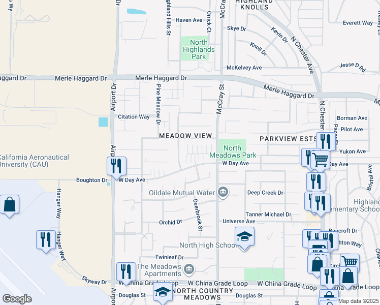 map of restaurants, bars, coffee shops, grocery stores, and more near 566 Yellow Meadow Court in Bakersfield