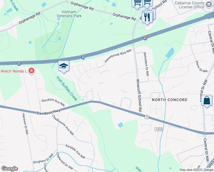 map of restaurants, bars, coffee shops, grocery stores, and more near 1460 Fairington Drive Northwest in Concord