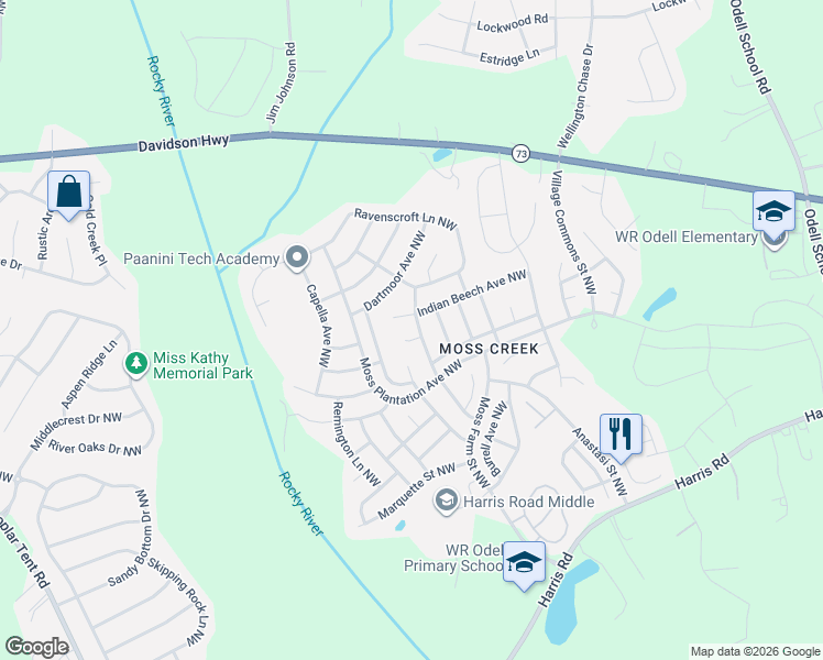 map of restaurants, bars, coffee shops, grocery stores, and more near 9615 Indian Beech Avenue Northwest in Concord
