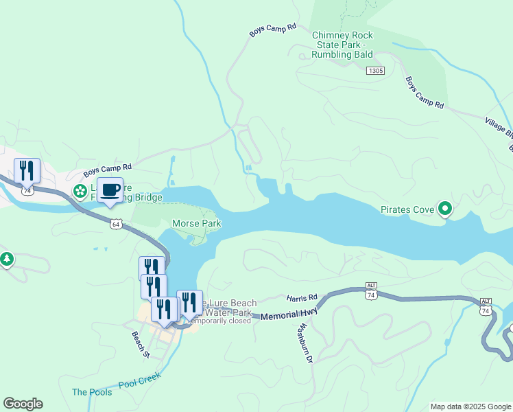 map of restaurants, bars, coffee shops, grocery stores, and more near 183 Firefly Cove in Lake Lure