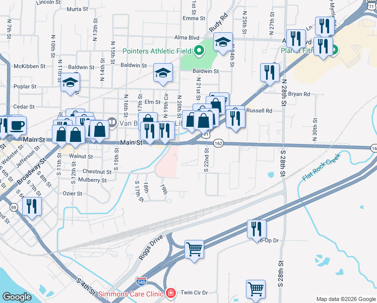 map of restaurants, bars, coffee shops, grocery stores, and more near 2002 U.S. 71 Business in Van Buren