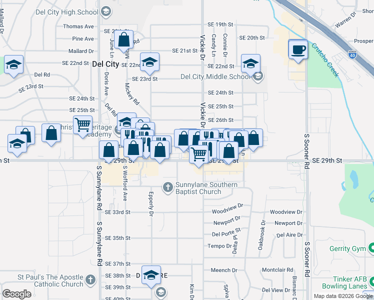 map of restaurants, bars, coffee shops, grocery stores, and more near 4612 Southeast 28th Street in Del City