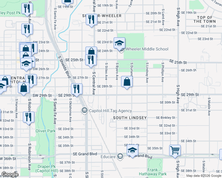 map of restaurants, bars, coffee shops, grocery stores, and more near 412 Southeast 28th Street in Oklahoma City