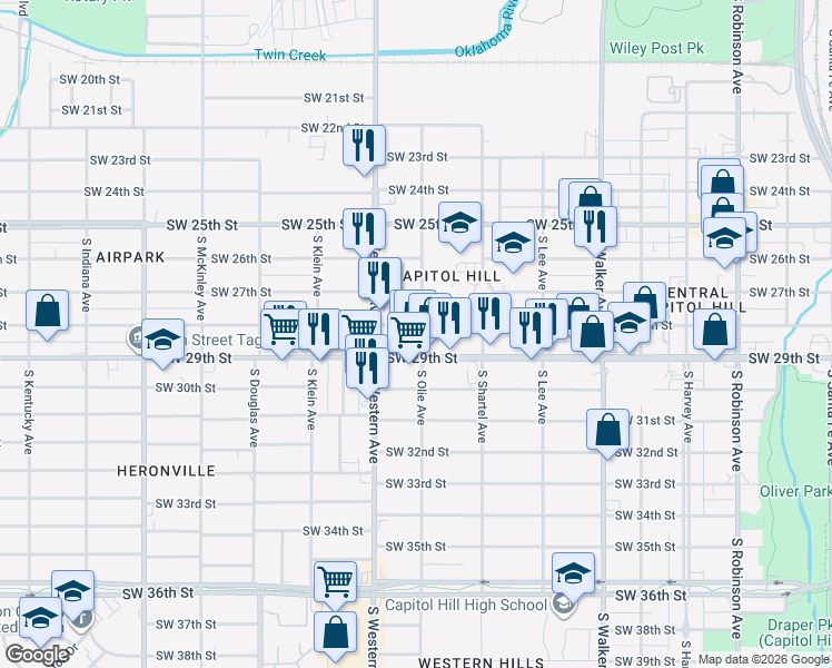 map of restaurants, bars, coffee shops, grocery stores, and more near 800 Southwest 28th Street in Oklahoma City