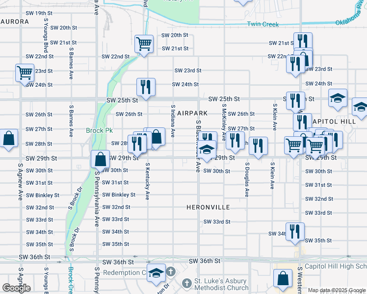 map of restaurants, bars, coffee shops, grocery stores, and more near 1328 Southwest 28th Street in Oklahoma City