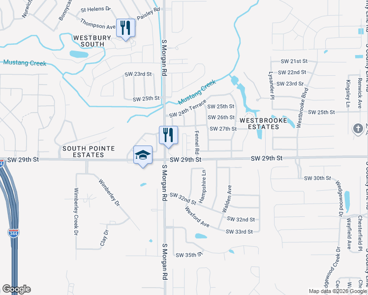 map of restaurants, bars, coffee shops, grocery stores, and more near 5800 Hidden Meadow Drive in Mustang