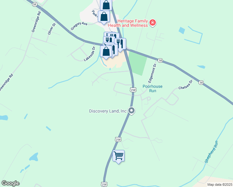 map of restaurants, bars, coffee shops, grocery stores, and more near Arrowhead Drive in Greene County