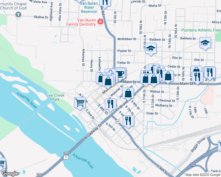 map of restaurants, bars, coffee shops, grocery stores, and more near 22 South 7th Street in Van Buren