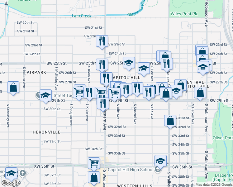 map of restaurants, bars, coffee shops, grocery stores, and more near 800 Southwest 28th Street in Oklahoma City