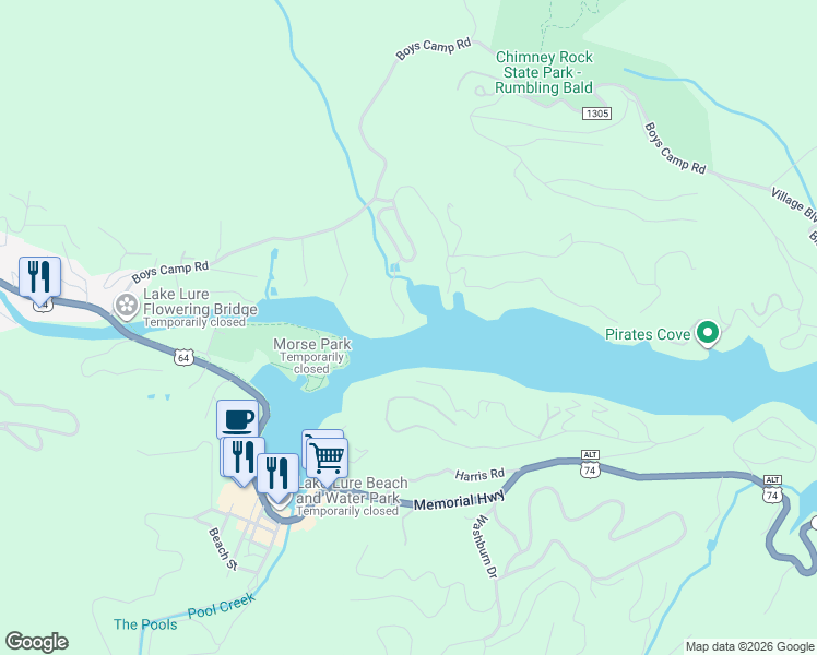map of restaurants, bars, coffee shops, grocery stores, and more near 183 Firefly Cove in Lake Lure