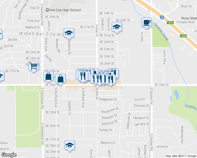 map of restaurants, bars, coffee shops, grocery stores, and more near 2910 Vickie Drive in Del City