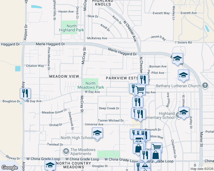map of restaurants, bars, coffee shops, grocery stores, and more near 308 Sunny Meadow Drive in Bakersfield