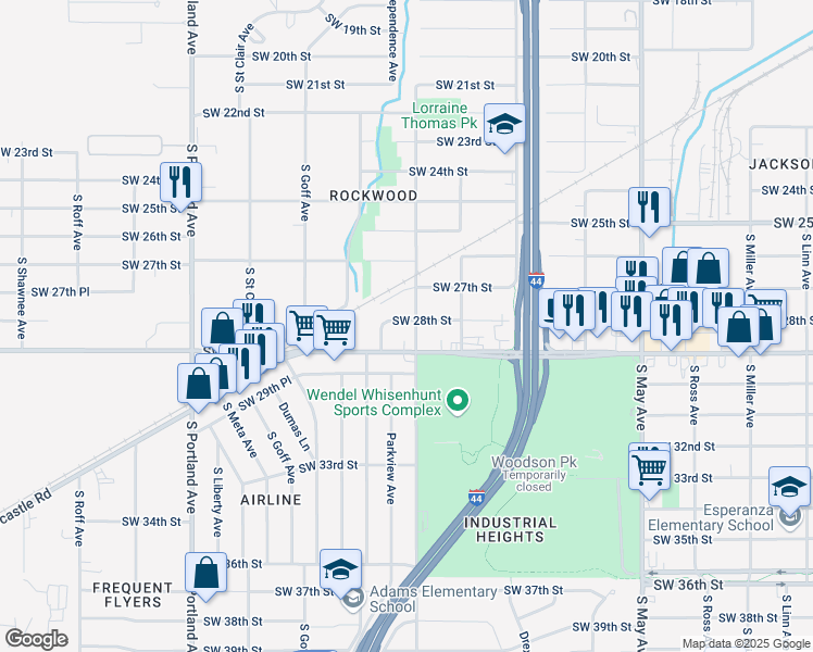 map of restaurants, bars, coffee shops, grocery stores, and more near 3304 Southwest 28th Street in Oklahoma City