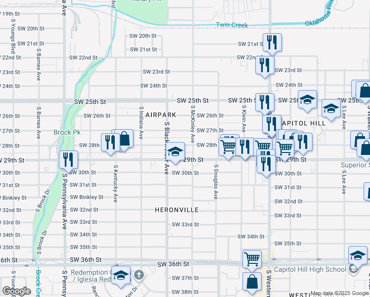 map of restaurants, bars, coffee shops, grocery stores, and more near 1212 Southwest 28th Street in Oklahoma City