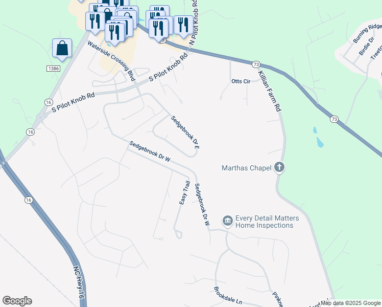 map of restaurants, bars, coffee shops, grocery stores, and more near 7721 Sedgebrook Drive East in Stanley