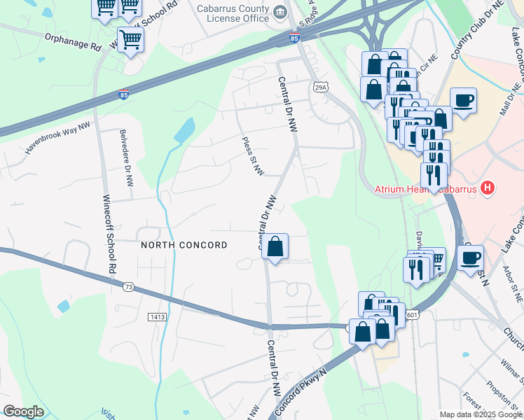map of restaurants, bars, coffee shops, grocery stores, and more near 1035 Central Drive Northwest in Concord