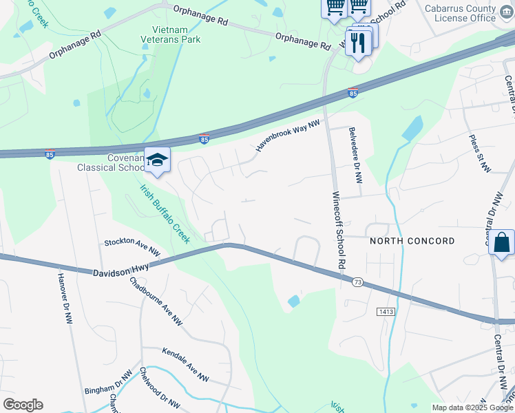 map of restaurants, bars, coffee shops, grocery stores, and more near 1445 Fairington Drive Northwest in Concord