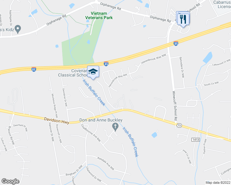 map of restaurants, bars, coffee shops, grocery stores, and more near 1392 Zered Place Northwest in Concord