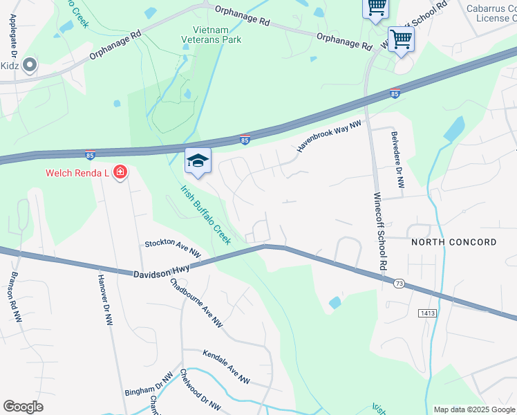 map of restaurants, bars, coffee shops, grocery stores, and more near 1408 Zered Place Northwest in Concord