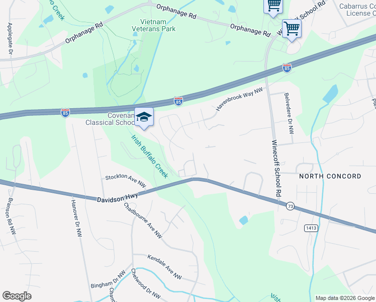map of restaurants, bars, coffee shops, grocery stores, and more near 1408 Zered Place Northwest in Concord