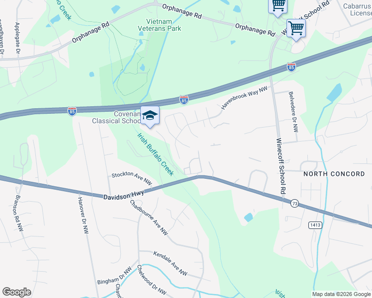 map of restaurants, bars, coffee shops, grocery stores, and more near 529 Havenbrook Way Northwest in Concord