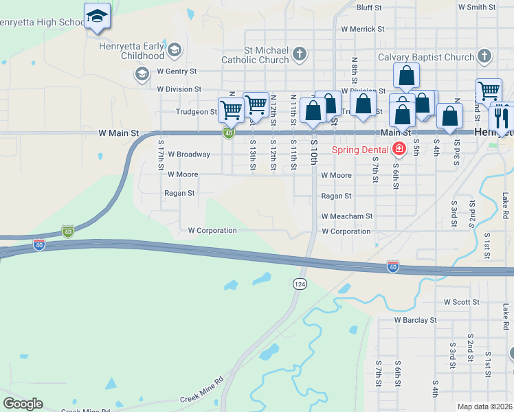 map of restaurants, bars, coffee shops, grocery stores, and more near 1209 West Ragan Street in Henryetta