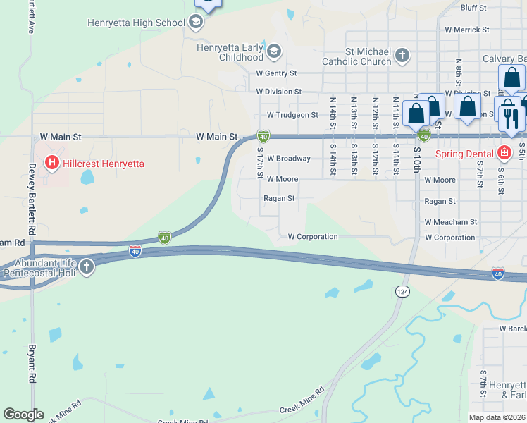 map of restaurants, bars, coffee shops, grocery stores, and more near 410 South 17th Street in Henryetta