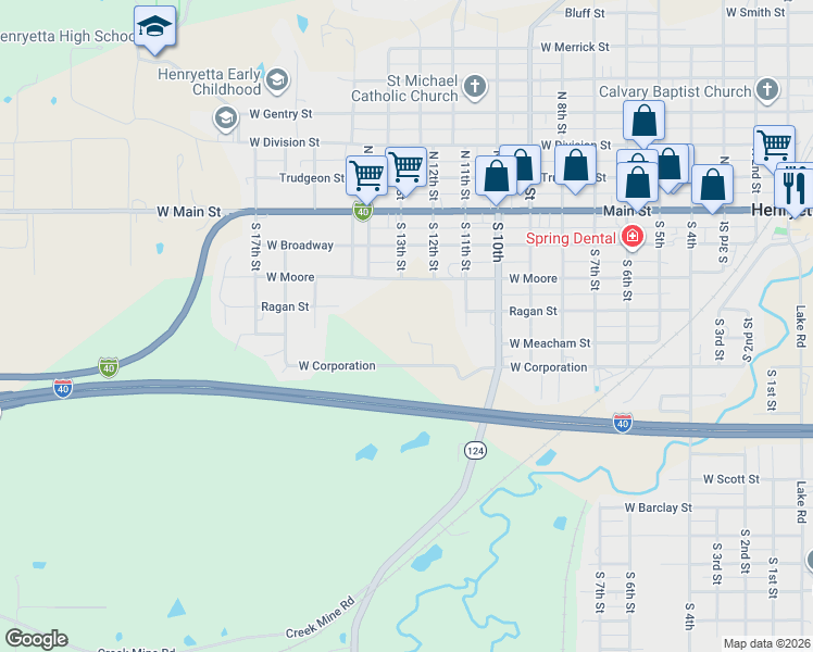 map of restaurants, bars, coffee shops, grocery stores, and more near 1209 West Ragan Street in Henryetta