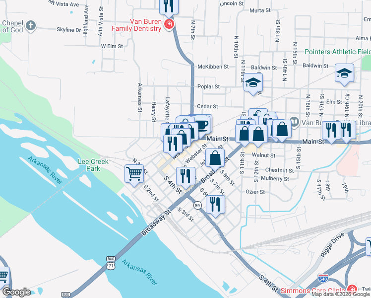 map of restaurants, bars, coffee shops, grocery stores, and more near in Van Buren