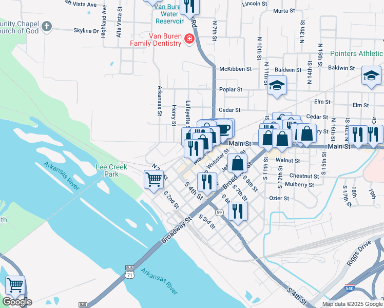 map of restaurants, bars, coffee shops, grocery stores, and more near 16 North 6th Street in Van Buren