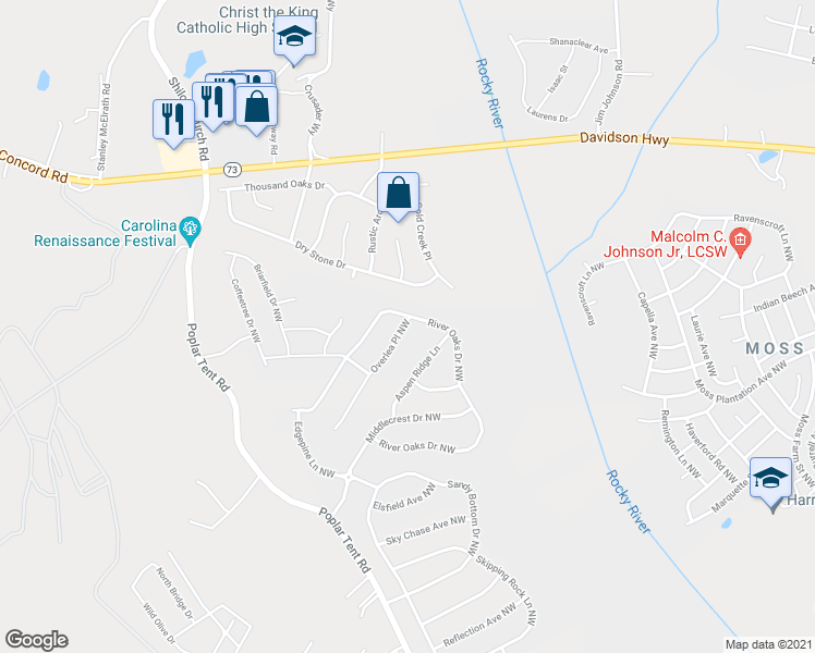 map of restaurants, bars, coffee shops, grocery stores, and more near 1361 Overlea Place Northwest in Concord
