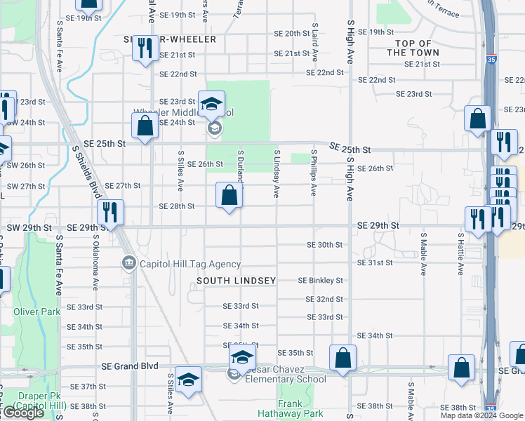 map of restaurants, bars, coffee shops, grocery stores, and more near 628 Southeast 28th Street in Oklahoma City