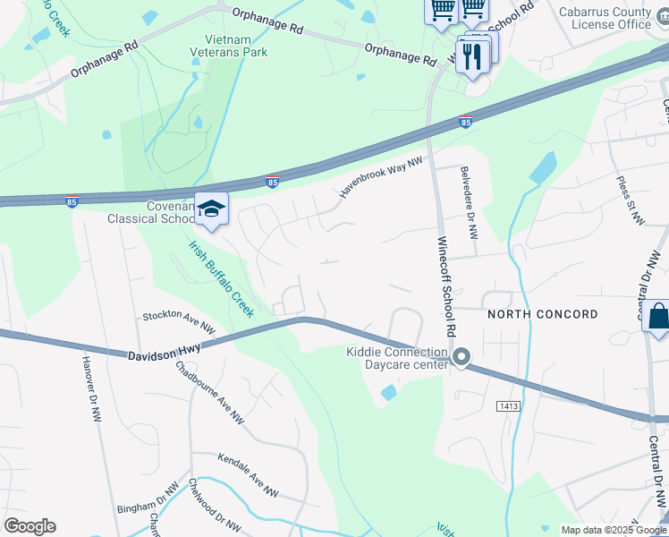 map of restaurants, bars, coffee shops, grocery stores, and more near 1495 Fairington Drive Northwest in Concord