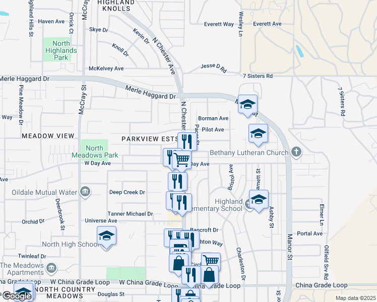 map of restaurants, bars, coffee shops, grocery stores, and more near 3301 Pacer Street in Bakersfield