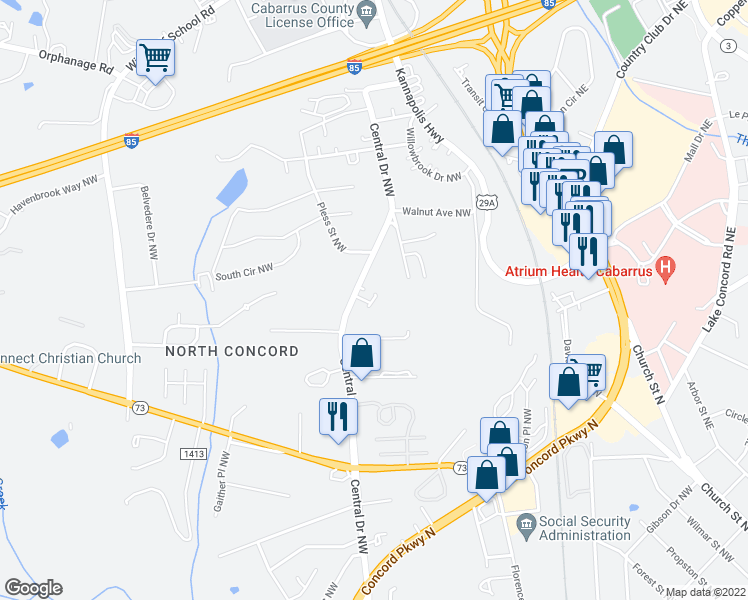 map of restaurants, bars, coffee shops, grocery stores, and more near 1042 Obeds Lane Northwest in Concord