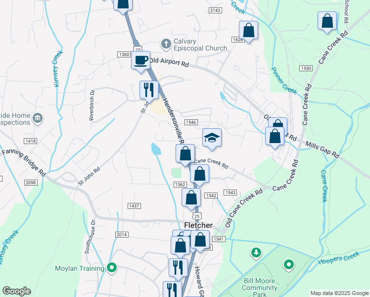 map of restaurants, bars, coffee shops, grocery stores, and more near 3356 Hendersonville Road in Fletcher
