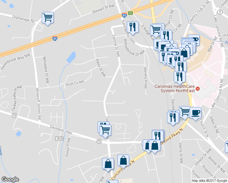 map of restaurants, bars, coffee shops, grocery stores, and more near 1042 Obeds Lane Northwest in Concord