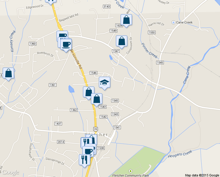 map of restaurants, bars, coffee shops, grocery stores, and more near 17 Cane Creek Road in Fletcher