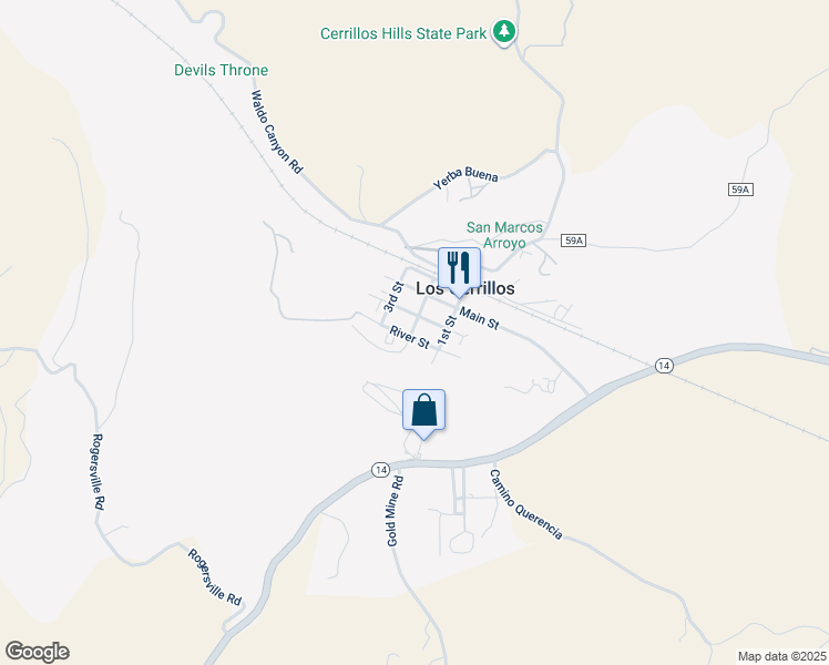 map of restaurants, bars, coffee shops, grocery stores, and more near 15 River Street in Los Cerrillos