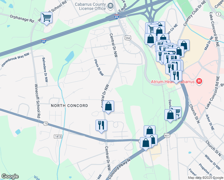 map of restaurants, bars, coffee shops, grocery stores, and more near 1042 Obeds Lane Northwest in Concord