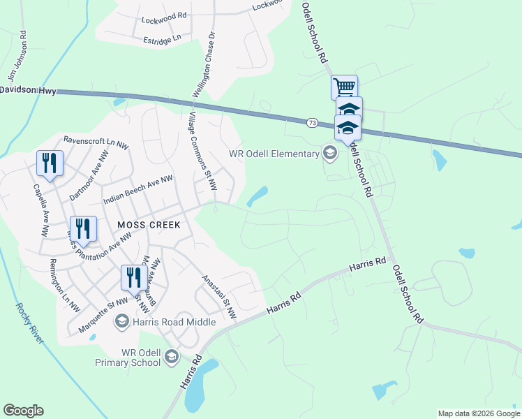 map of restaurants, bars, coffee shops, grocery stores, and more near 9450 Moss Plantation Avenue Northwest in Concord