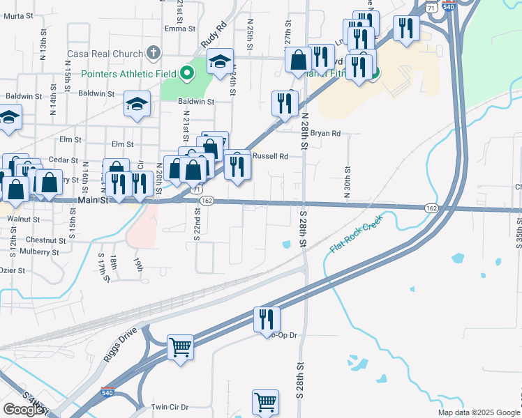 map of restaurants, bars, coffee shops, grocery stores, and more near 2524 Kibler Road in Van Buren