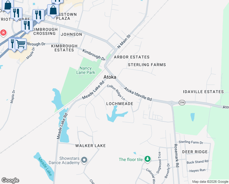 map of restaurants, bars, coffee shops, grocery stores, and more near 303 Colton Ridge Lane in Atoka