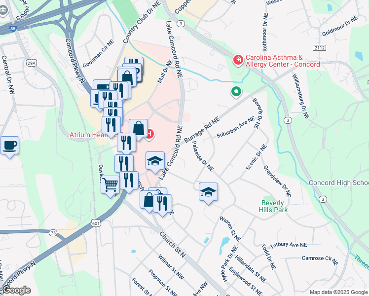 map of restaurants, bars, coffee shops, grocery stores, and more near 84 Lake Concord Road Northeast in Concord