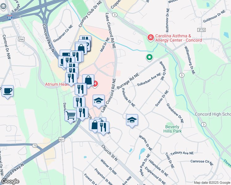 map of restaurants, bars, coffee shops, grocery stores, and more near 84 Lake Concord Road Northeast in Concord