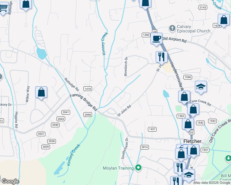 map of restaurants, bars, coffee shops, grocery stores, and more near 24 Wineberry Court in Fletcher