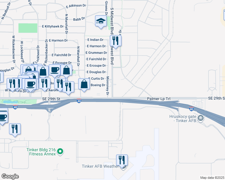 map of restaurants, bars, coffee shops, grocery stores, and more near 2942 South Midwest Boulevard in Midwest City