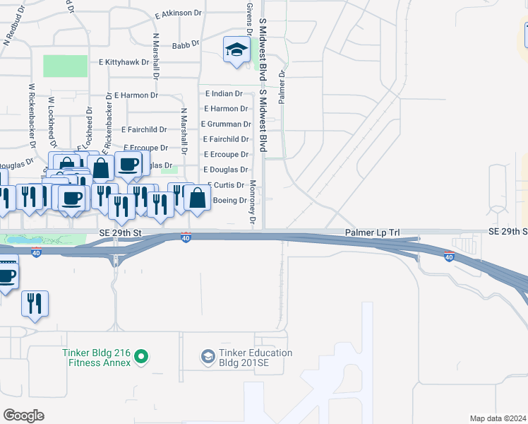 map of restaurants, bars, coffee shops, grocery stores, and more near 2942 South Midwest Boulevard in Midwest City