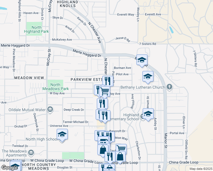 map of restaurants, bars, coffee shops, grocery stores, and more near 3301 Pacer Street in Bakersfield